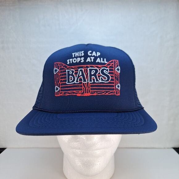 Vintage Funny Bar Trucker Hat Cap Mesh Snapback Navy "This Cap Stop At All Bars" - Picture 1 of 8